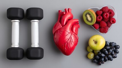 A creative arrangement featuring dumbbells, a human heart model, and a variety of fresh fruits, symbolizing the connection between fitness, heart health, and nutrition.