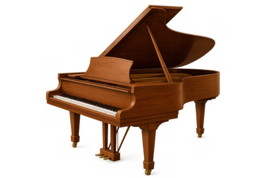 Grand piano made of wood, a classic musical instrument for performances, concerts, and education, transparent background