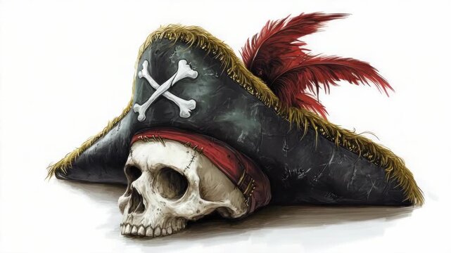 A skull is laying on a pirate hat. The hat is black and has a red band. The skull is on a white background