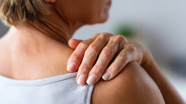 A close-up of a middle-aged woman, gently touching her shoulder, expressing feelings of discomfort and tension. The image reflects personal care and attention to self-health.