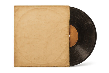 Vinyl record peeking from an aged paper sleeve, symbolizing vintage music, retro sound, and classic audio nostalgia