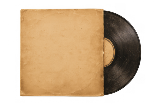 Vintage vinyl record album and blank sleeve, retro music audio media with copy space, transparent background