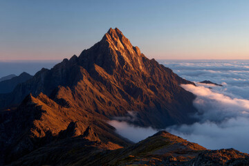 A mountain peak rises through glowing clouds at sunrise, symbolizing triumph, elevation, and the ultimate height of achievement.