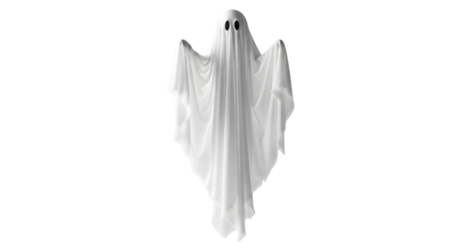 White ghost costume hanging isolated on white background