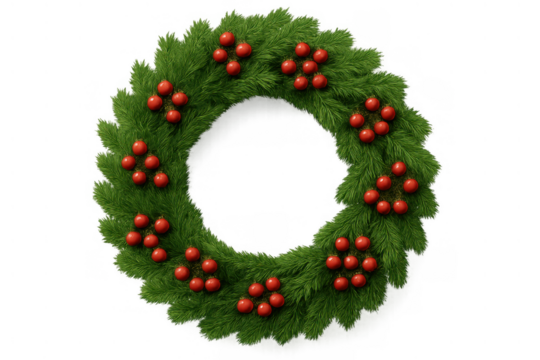 Christmas wreath decorating door or wall, bringing festive holiday spirit, green pine needles and red baubles, transparent background