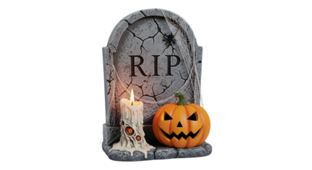 Halloween tombstone with carved pumpkin and candle isolated on white background