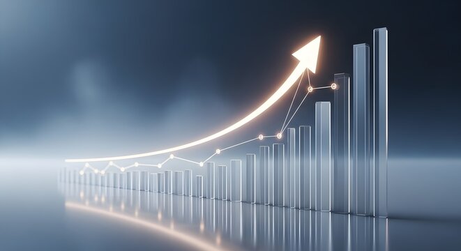 Financial growth concept with glowing bar graph and upward arrow, success and progress visualization.