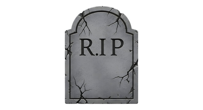 Cracked tombstone with rip inscription isolated on white background