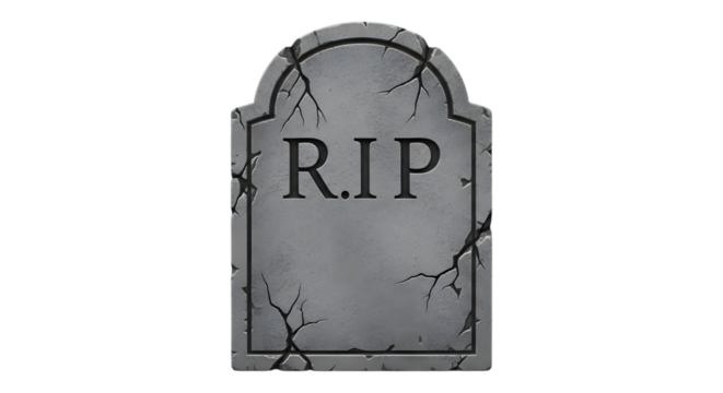 Cracked tombstone with rip inscription isolated on white background