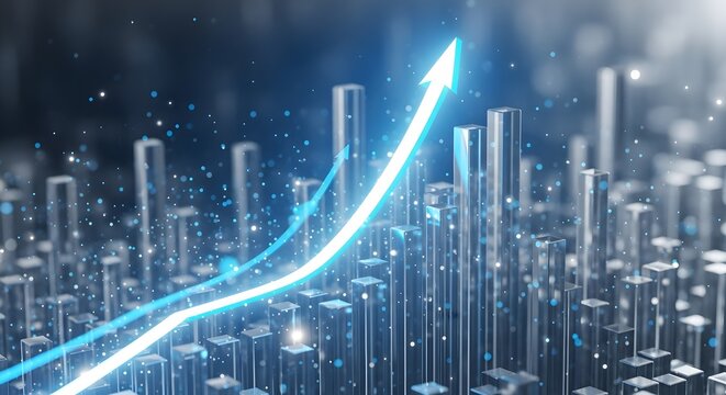 Abstract financial growth chart with glowing upward arrow, data analysis, success, and future technology concept.