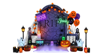 Halloween tombstone decoration with spooky lights and figures isolated on white background