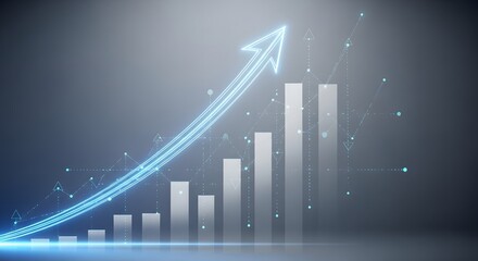 Abstract financial growth chart with glowing arrow, data points, and increasing bar graph visualization