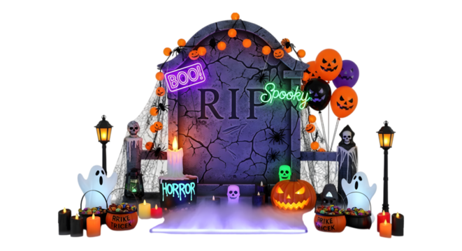 Halloween tombstone decoration with spooky lights and figures isolated on white background