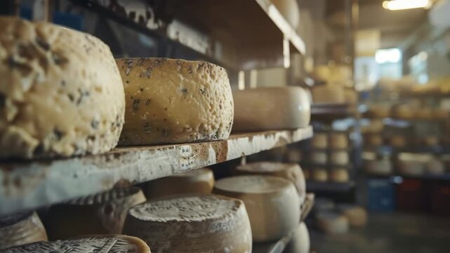 Rows of cheese on conveyor belts and shelves in industrial setting