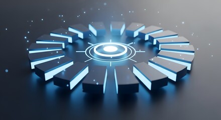 Futuristic technology interface with glowing blue energy core, abstract digital network concept 3d style