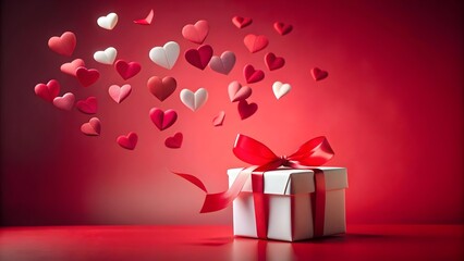 A white gift box with a red ribbon is adorned by many small red and white hearts floating around it against a red background