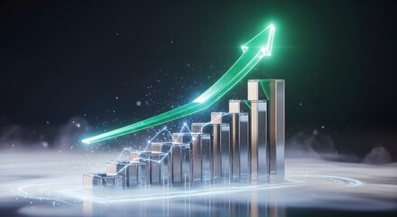 Abstract growth chart with glowing green arrow, success, progress, and financial data visualization concept.