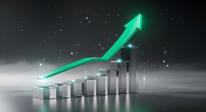 Glowing green upward trend graph with metallic steps, symbolizing success and financial growth. - Powered by Adobe