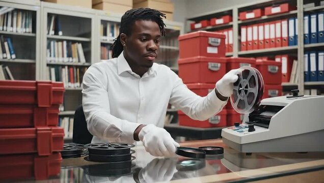 Preserving the Past: A dedicated archivist meticulously handles film reels in a well-organized storage room, ensuring the preservation of invaluable historical records.