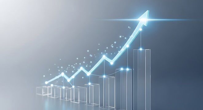 Abstract glowing graph with rising arrow, data analysis, success, growth, and financial progress concept.