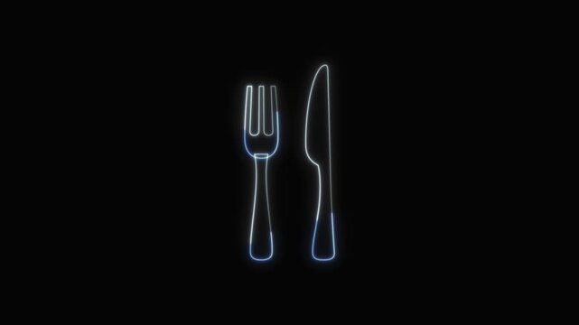 Fork and Knife Icon Neon Seamless Loop 4K with Black Background Animated Promotional Typography for Video Editing