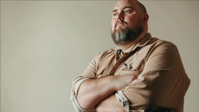 This is an of a man standing with his arms crossed in front of him. He appears to be wearing a casual outfit and has a beard. The background is blurred but seems to be indoors.