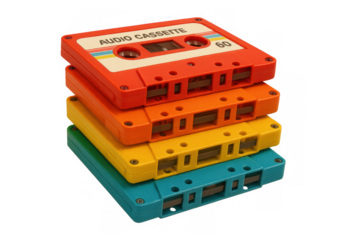 Stacked colorful audio cassette tapes symbolizing retro music, 80s and 90s nostalgia, analog technology, and vintage sound recordings