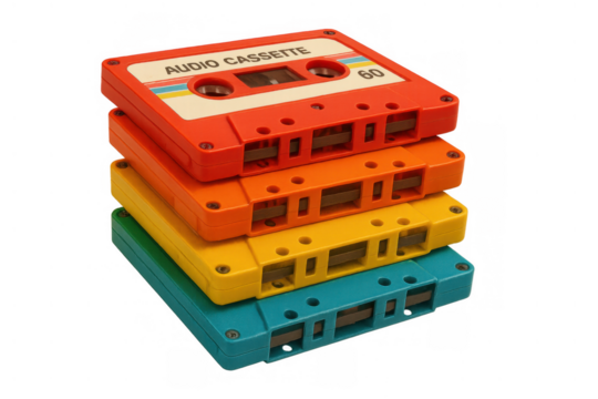 Stacked colorful audio cassette tapes symbolizing retro music, 80s and 90s nostalgia, analog technology, and vintage sound recordings