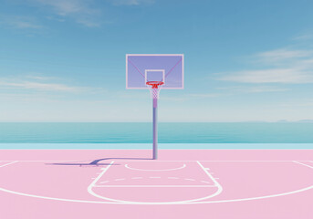 Surreal pink basketball court by the sea on a summer day.