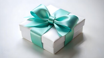 A white gift box with a teal ribbon and bow is isolated on white background