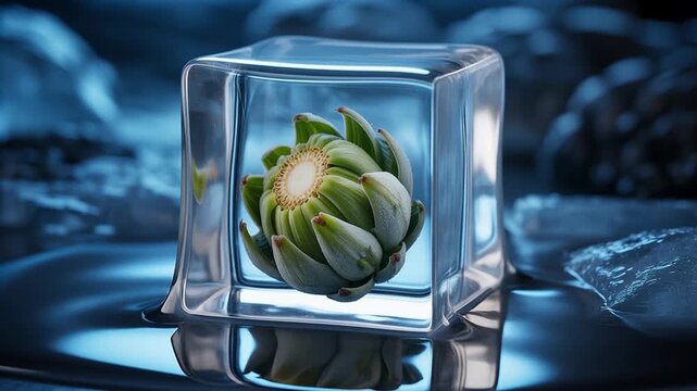 Alcachofa frozen inside melting ice cube symbolizing freshness and chill