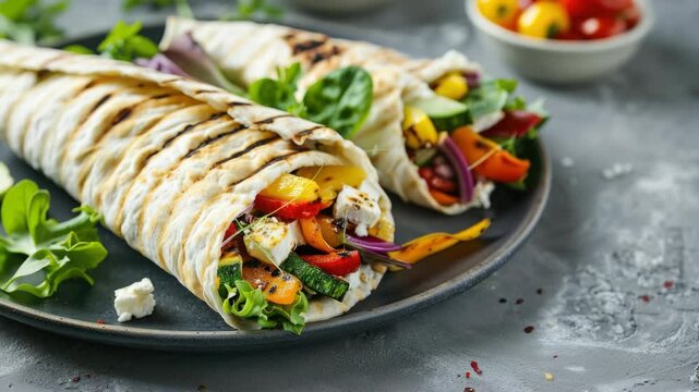 Delicious gyro wrap with colorful peppers, tomatoes, fresh lettuce, onions, and crumbled feta cheese.