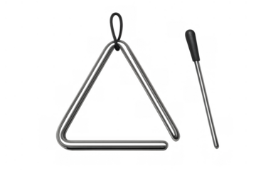 Steel triangle musical instrument with beater on a transparent background, playing percussive orchestra sounds