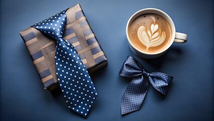 A navy blue tie rests on a brown gift box next to a cup of coffee and a matching bow