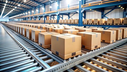 Rows of cardboard boxes move along a conveyor belt in a large warehouse