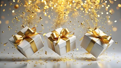 Three white gift boxes with gold ribbons float against a background of golden confetti