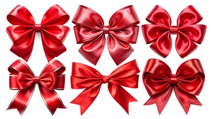 Six red satin bows, isolated on white background