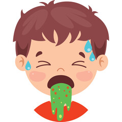 Young Boy Vomiting Green Substance With Red Specks Sweat Droplets On Forehead And Closed Eyes Against Transparent Background