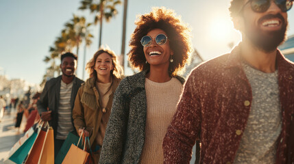 Happy diverse friends walking outdoors in sunny urban setting holding colorful shopping bags smiling enjoying day together casual clothing and sunglasses