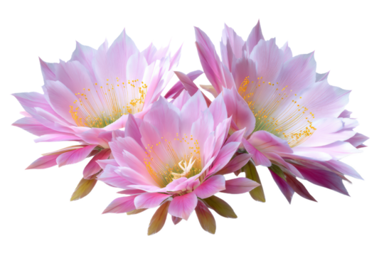 Three Delicate Pink Cactus Flowers Bloom with Yellow Stamens Isolated on Black
