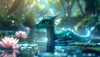 A small, green dragon with large, expressive eyes rests in a tranquil pond surrounded by blooming water lilies and shimmering light.