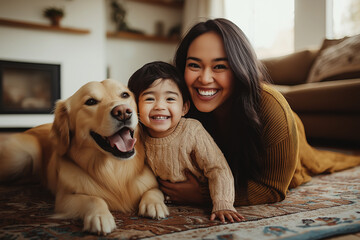 A woman and child cuddle with a golden retriever in a living room. Sunlight fills the living room window.