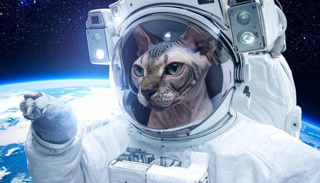 A Sphynx cat in an astronaut suit floats in space, gazing at Earth.