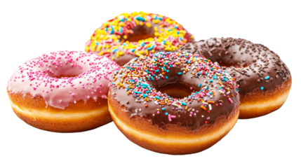 Assorted colorful glazed donuts with chocolate and pink icing and sprinkles isolated on white background, perfect for bakery, cafe menu and party advertising