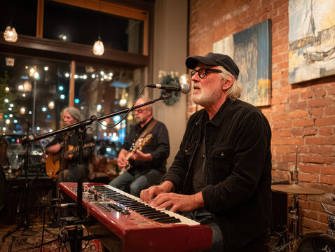 Man playing keyboard and singing into microphone during live indoor concert with brick wall and paintings in background warm lighting musicians performing