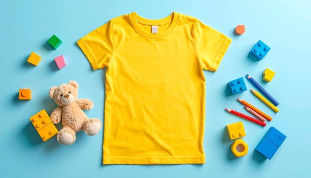 A bright yellow t-shirt is laid flat on a light blue surface, surrounded by colorful children's building blocks, crayons, and a small teddy bear, suggesting ...