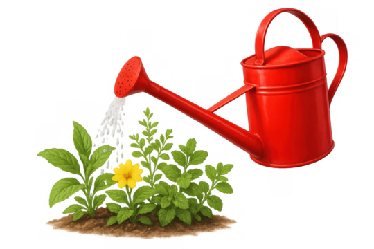 Red watering can pouring water on green plants and yellow flower in soil, symbolizing gardening and growth