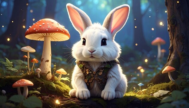 A fluffy white rabbit sits attentively in a magical forest clearing surrounded by glowing mushrooms and shimmering fireflies.