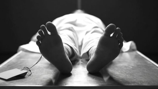 Deceased body lies on a table identification tag