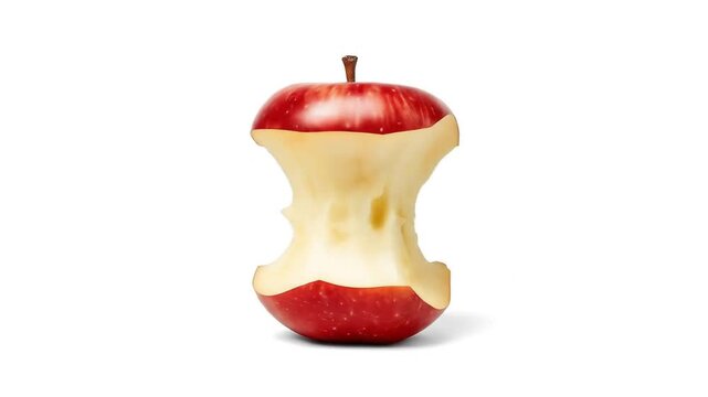 Eaten apple core with red skin stem intact on a white background